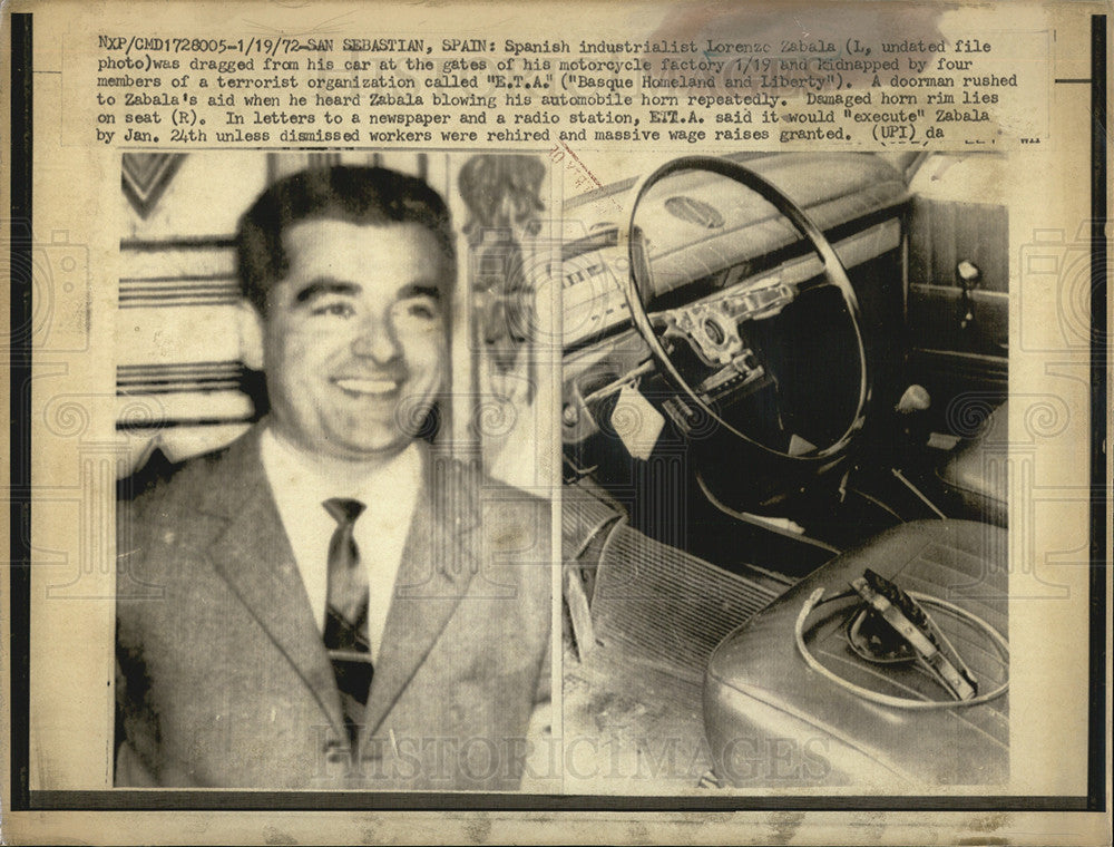 1972 Press Photo Spanish businessman Lorenzo Zabala who was kidnapped - Historic Images