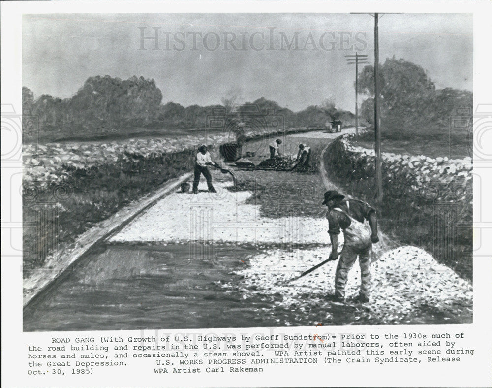 1985 Press Photo Artist Carl Rakeman/Painting Of Road Building/Manual Laborers - Historic Images