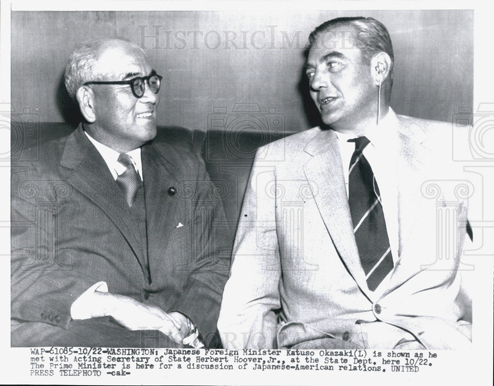 1954 Press Photo Japanese Foreign Minister Katuso Okazaki &amp; Herbert Hoover - Historic Images