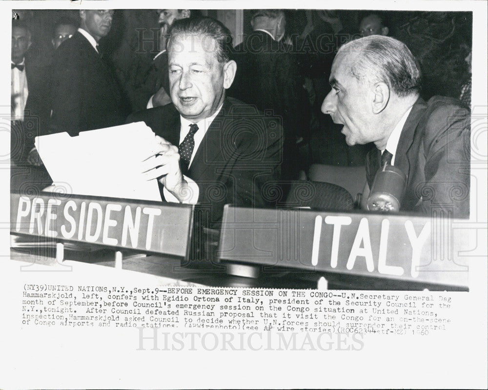 1960 Press Photo Un Sec Gen Dag Hammarskjold &amp; E Ortona of Italy - Historic Images