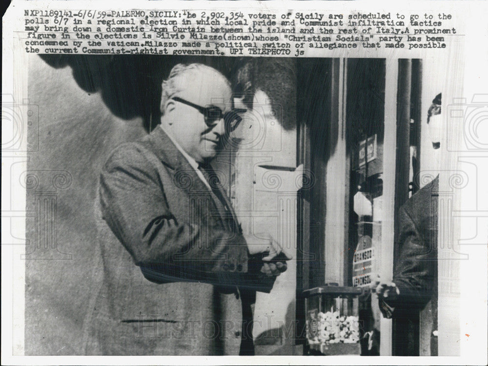 1959 Press Photo Silvio Milazzo of Sicily&#39;s &quot;Christian Socials&quot; Party - Historic Images