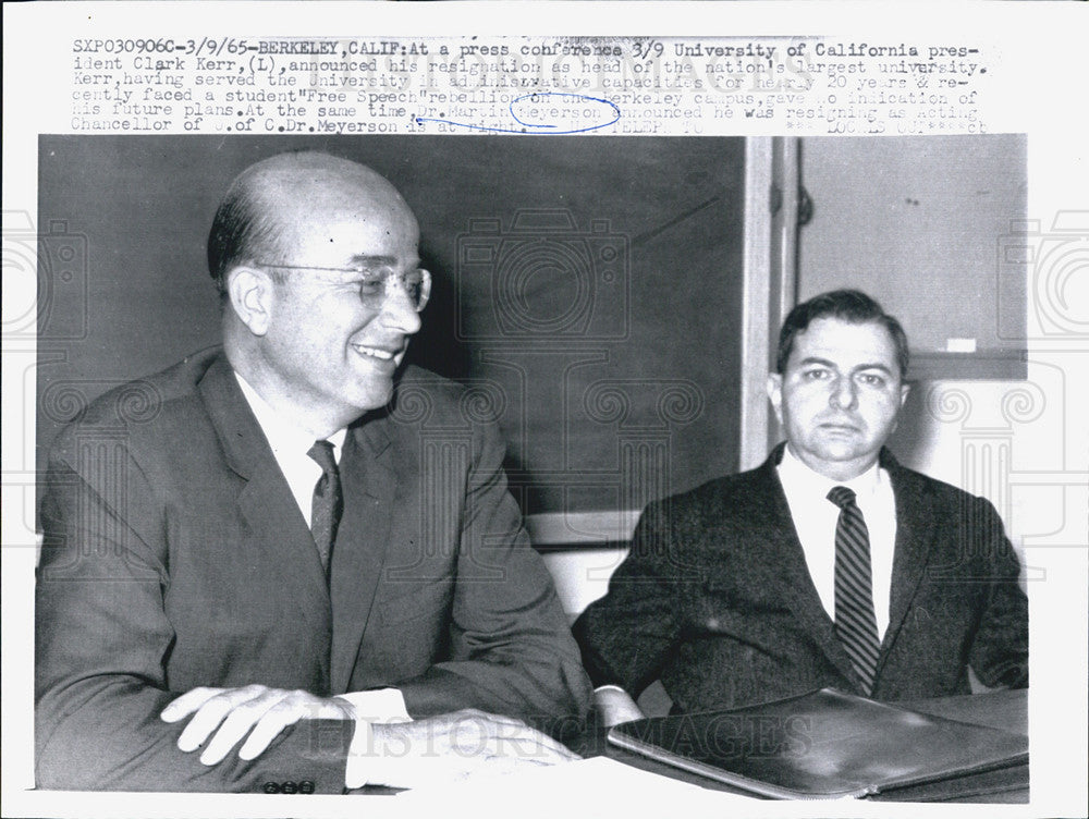 1965 Press Photo University Of California Pres. Clark Kerr &amp; Dr. Meyerson Resign - Historic Images