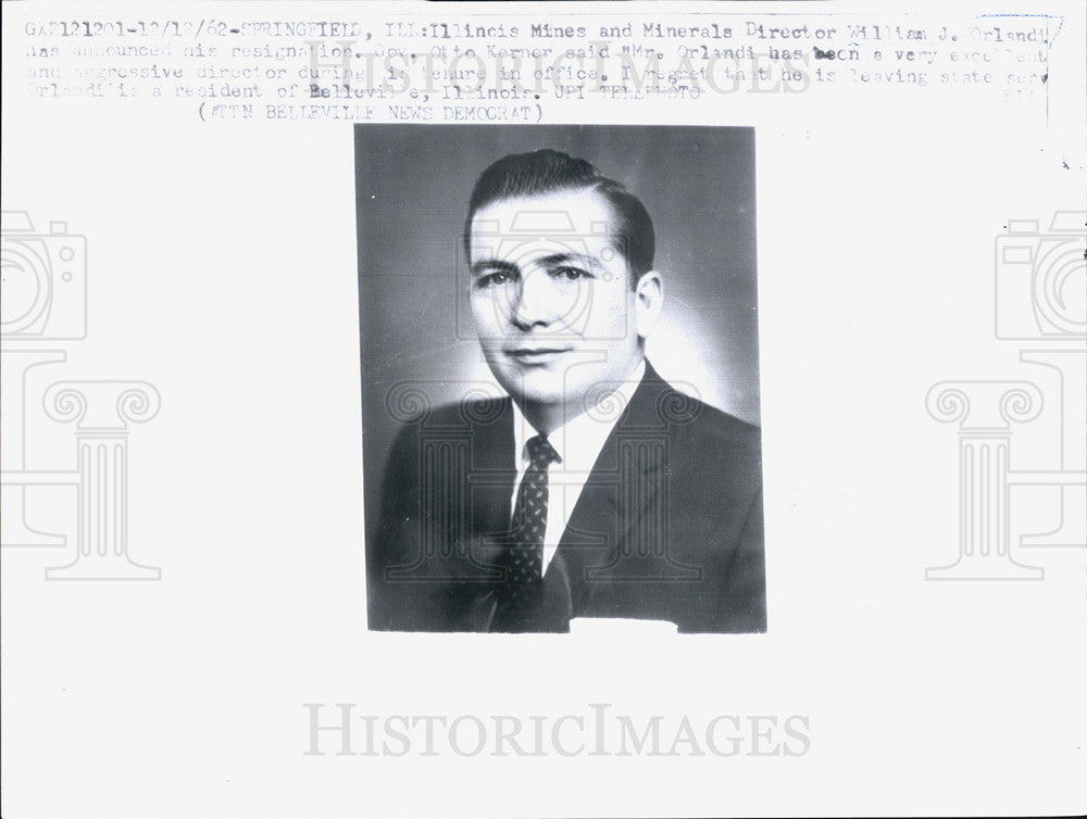 1962 Press Photo Illinois Mines and Minerals Director William J. Orlandi - Historic Images