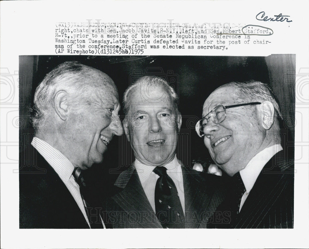 1975 Press Photo Senators Carl Curtis, Jacob Javits, And Robert Stafford - Historic Images