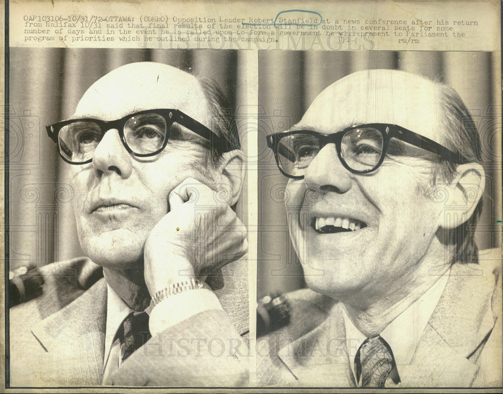 1972 Press Photo Opposition Leader Robert Stanfield At A News Conference - Historic Images