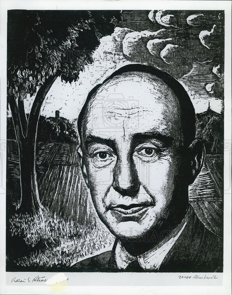 1965 Press Photo Israeli Artist Jakob Stenhardt&#39;s wood cut of Adlai Stevenson - Historic Images