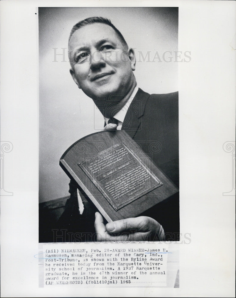 1965 Press Photo James E. Kasmusen Post-Tribune Editor Byline Award Marquette - Historic Images