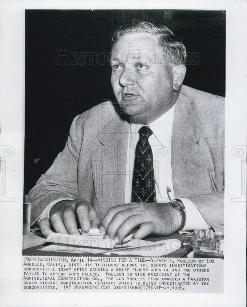 1955 Press Photo Alfred E. Poulson testimony VP Ag Construction Co. - Historic Images