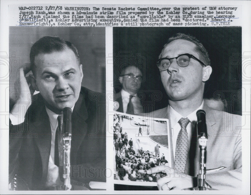 1958 Press Photo Senate Rackets Comm.,UAW atty Joseph Rauh - Historic Images