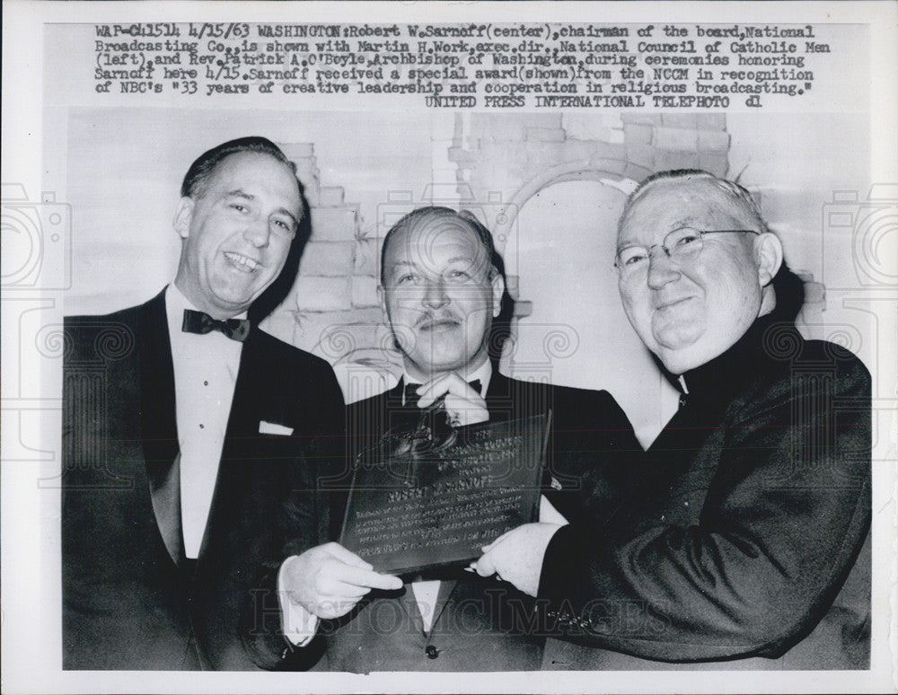 1963 Press Photo Robert W. Sarnoff, Martin H. Work, and Rev. Patrick O&#39;Boyle - Historic Images