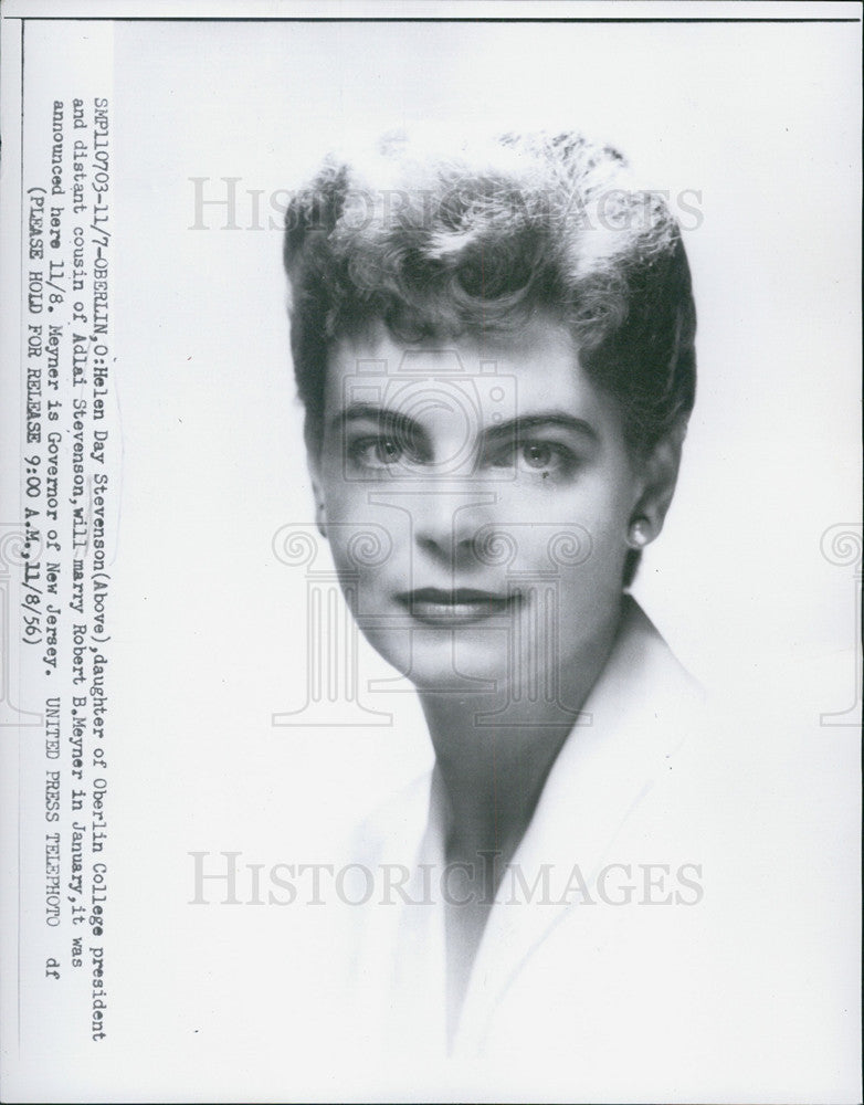 1956 Press Photo Helen Day Stevenson Fiancee Robert B. Meyner - Historic Images