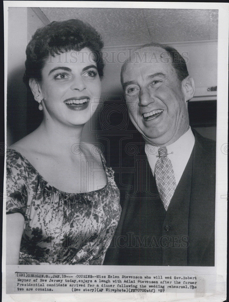 1957 Press Photo Miss Helen Stevenson and cousin Adlai Stevenson. - Historic Images