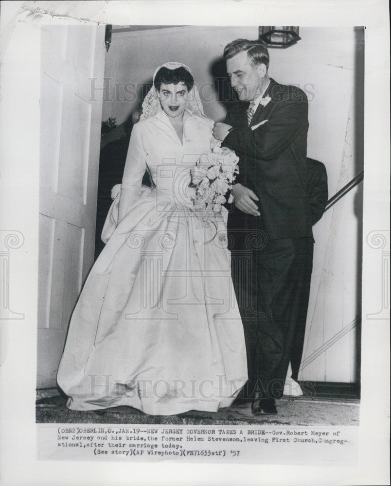 1957 Press Photo Gov. Robert Meyer of New Jersey weds Helen Stevenson. - Historic Images