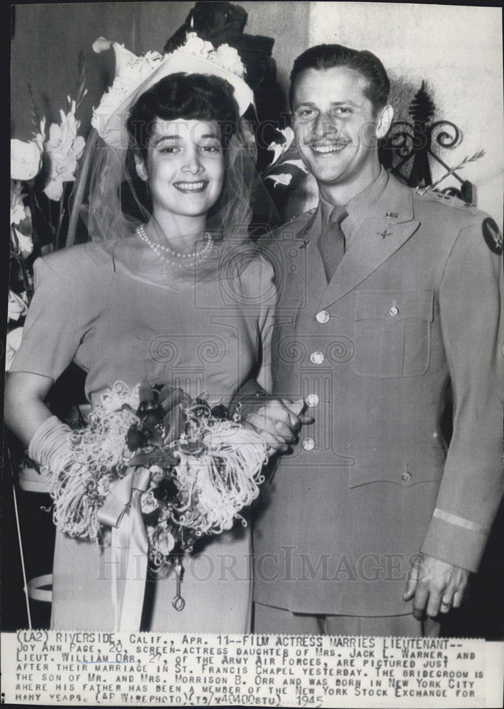 1945 Press Photo Joy Ann Page Actress Lieutenant William Orr Army Air Force - Historic Images