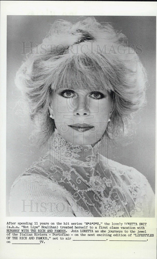 1985 Press Photo of Loretta Swit on &quot;Lifestyles of the Rich and Famous&quot; - Historic Images