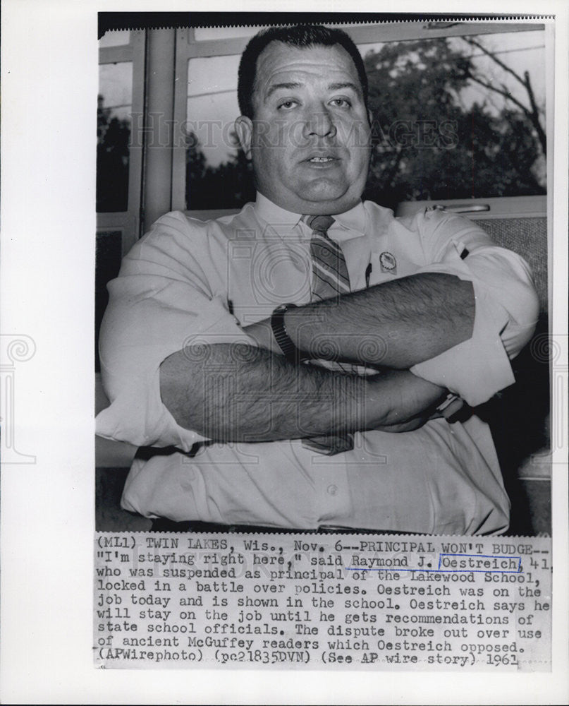 1961 Press Photo raymond J. Oestreich, suspended Principal - Historic Images