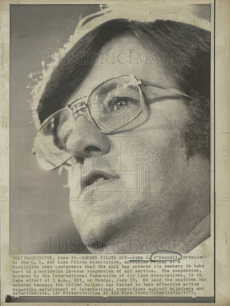 1972 Press Photo John O'Donnell President US Air Line Pilots Association - Historic Images