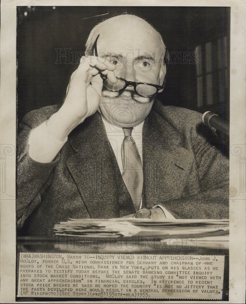 1955 Press Photo John J. McCloy speaks to the Senate Banking Committee. - Historic Images