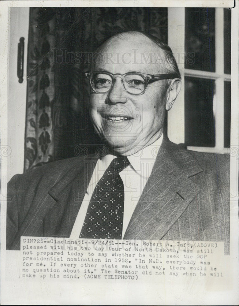 1951 Press Photo Robert A. Taft, undecided about running for President - Historic Images