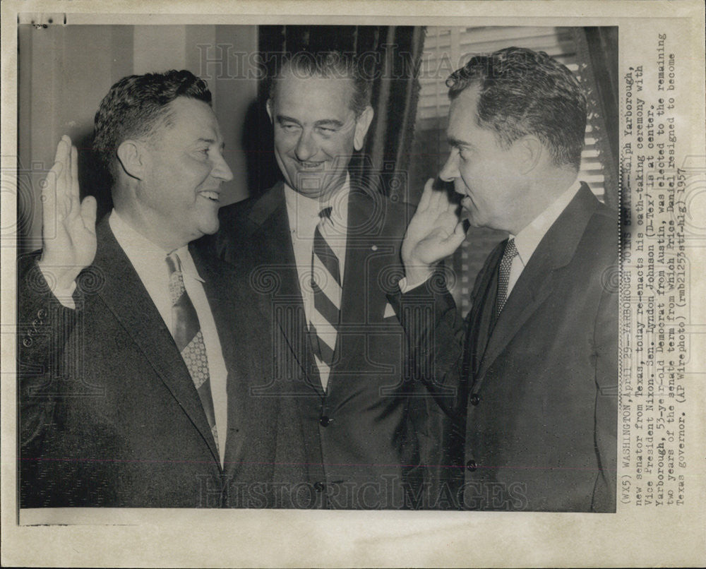 1957 Press Photo Texas Senator Ralph Yarborough Takes Oath With Vice President - Historic Images