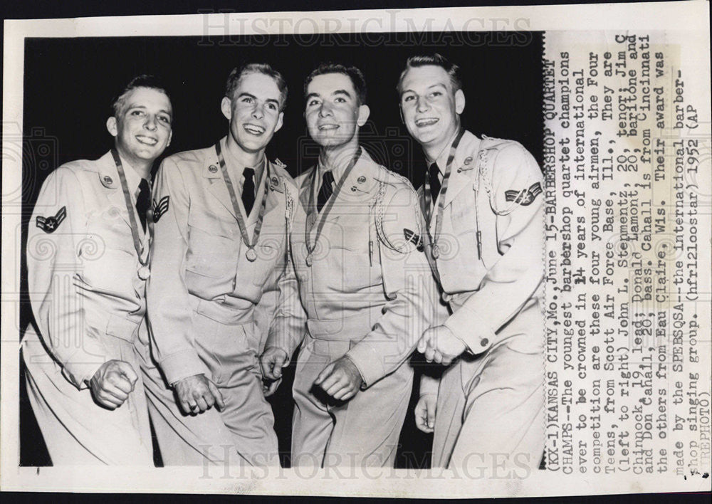 1952 Press Photo Young Airmen won the Barbershop Quartet Competitions. - Historic Images