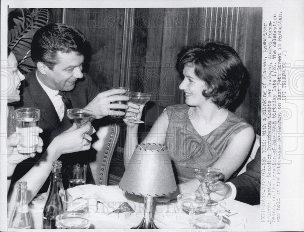 1964 Press Photo Heiress Gamble Benedict toasts her husband Andrei Porumbeanu - Historic Images