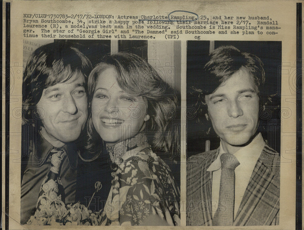 1972 Press Photo Actress Charlotte Rampling and her new husband Bryan Southcombe - Historic Images