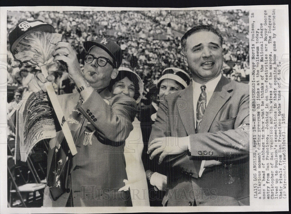 1958 Press Photo Mayors Morris Poulson and George Christopher at the Coliseum - Historic Images