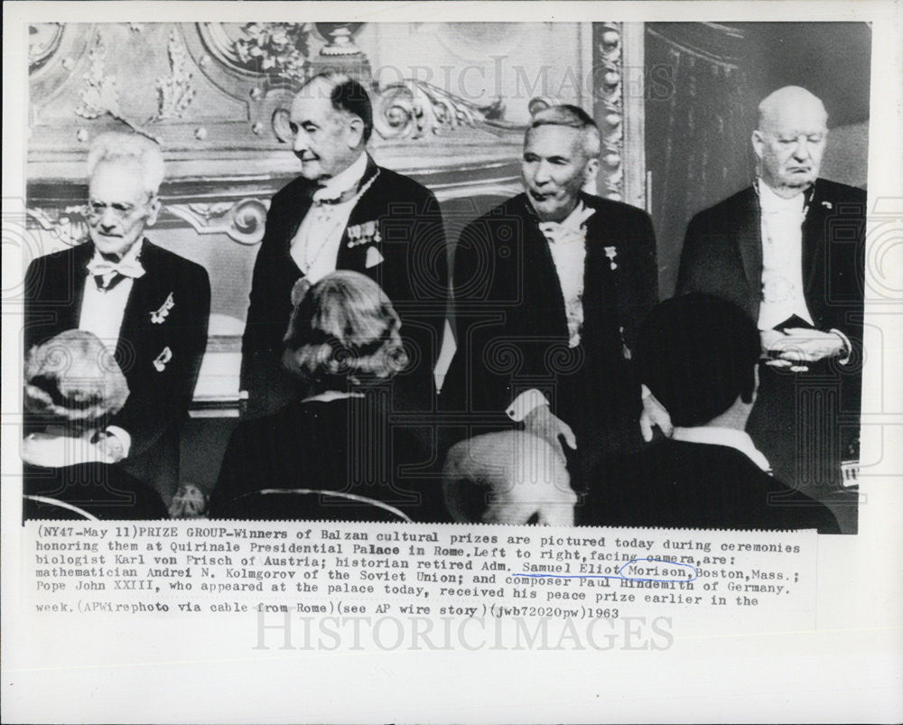 1963 Press Photo Karl Von Frisch, Samuel Elliot Morison, Andrei N. Kolmgorov - Historic Images