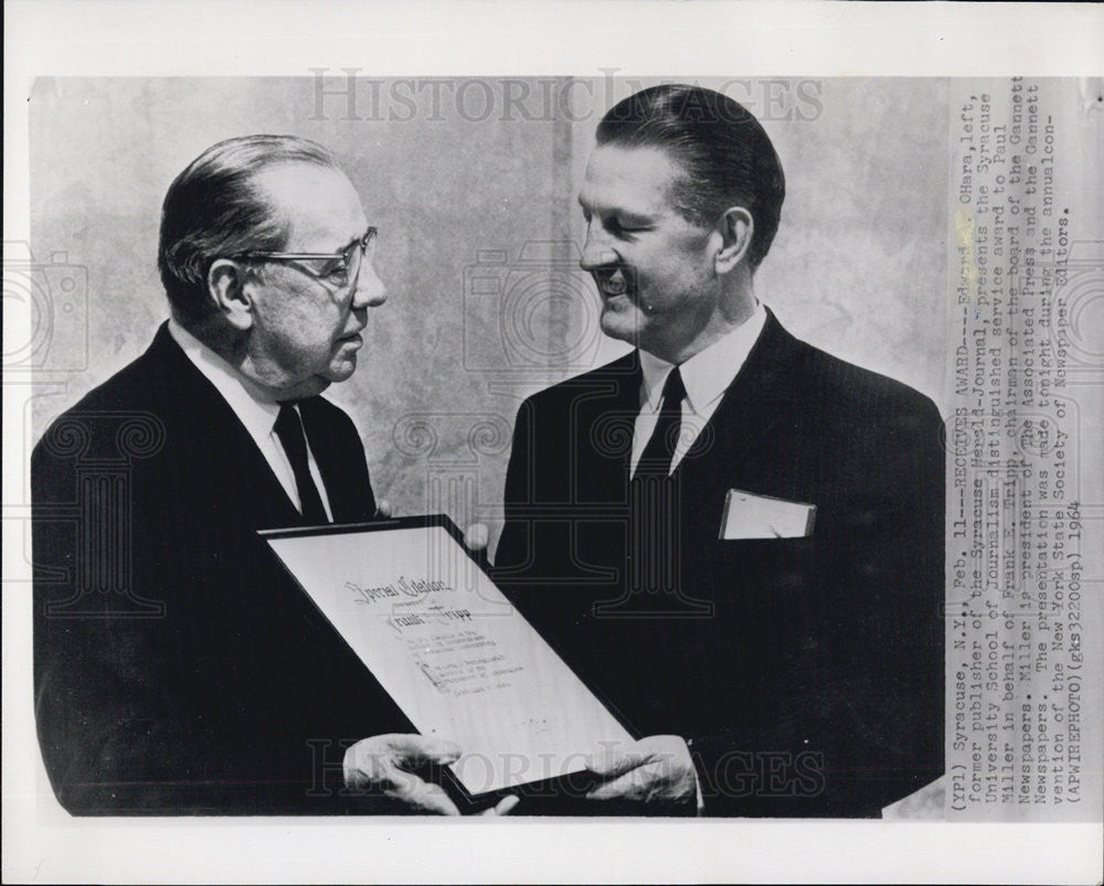 1964 Press Photo Edward O&#39;Hara Former Syracuse Herald Publisher With Paul Miller - Historic Images