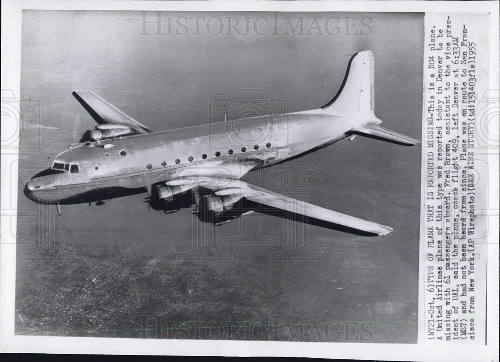 1955 Press Photo DC4 Plane Flight 409 Missing  61 Passengers - Historic Images