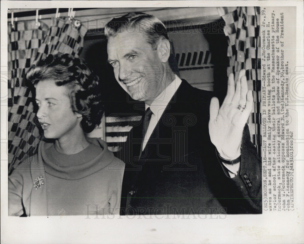 1962 Press Photo Edward J. McCormack Jr. And Wife Emily Leave Voting Booth - Historic Images