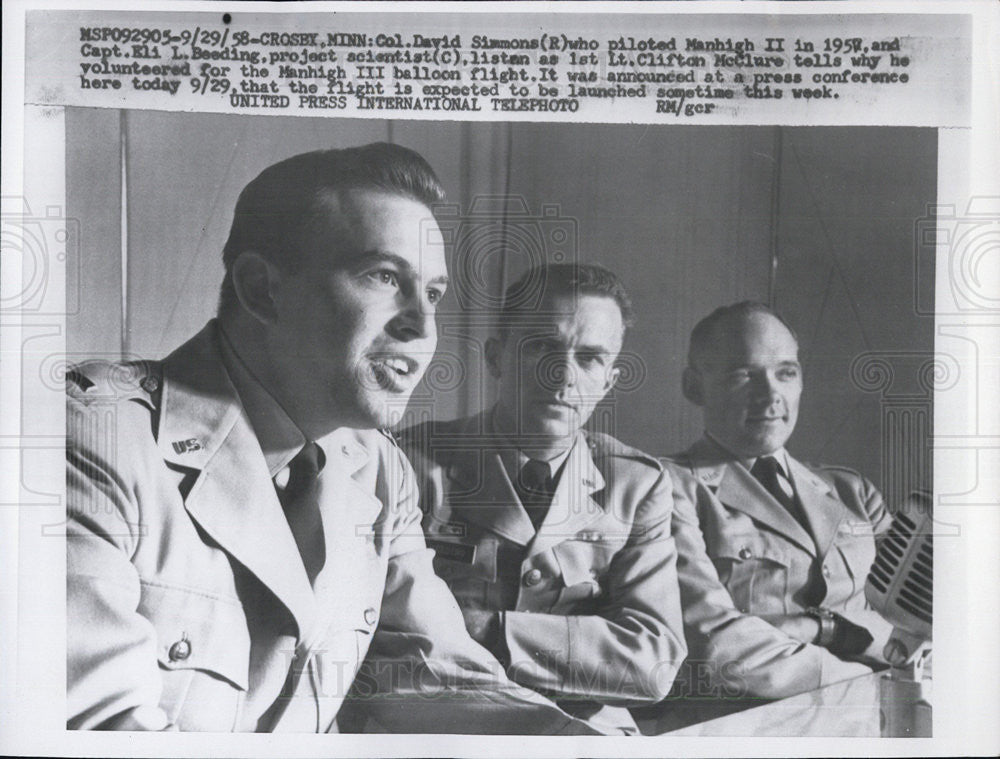 1958 Press Photo Col David Simmons Capt Eli Beeding Lt Clifton McClure - Historic Images