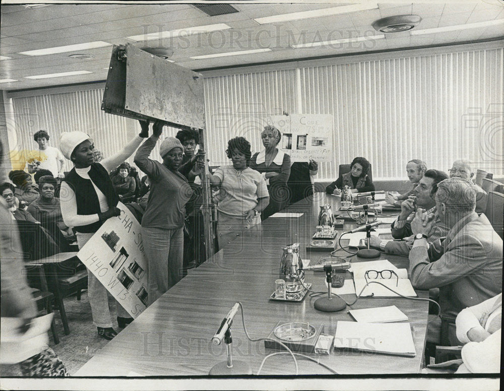 1978 Press Photo Mrs Barbara Ross Addresses Council with Broken Door - Historic Images