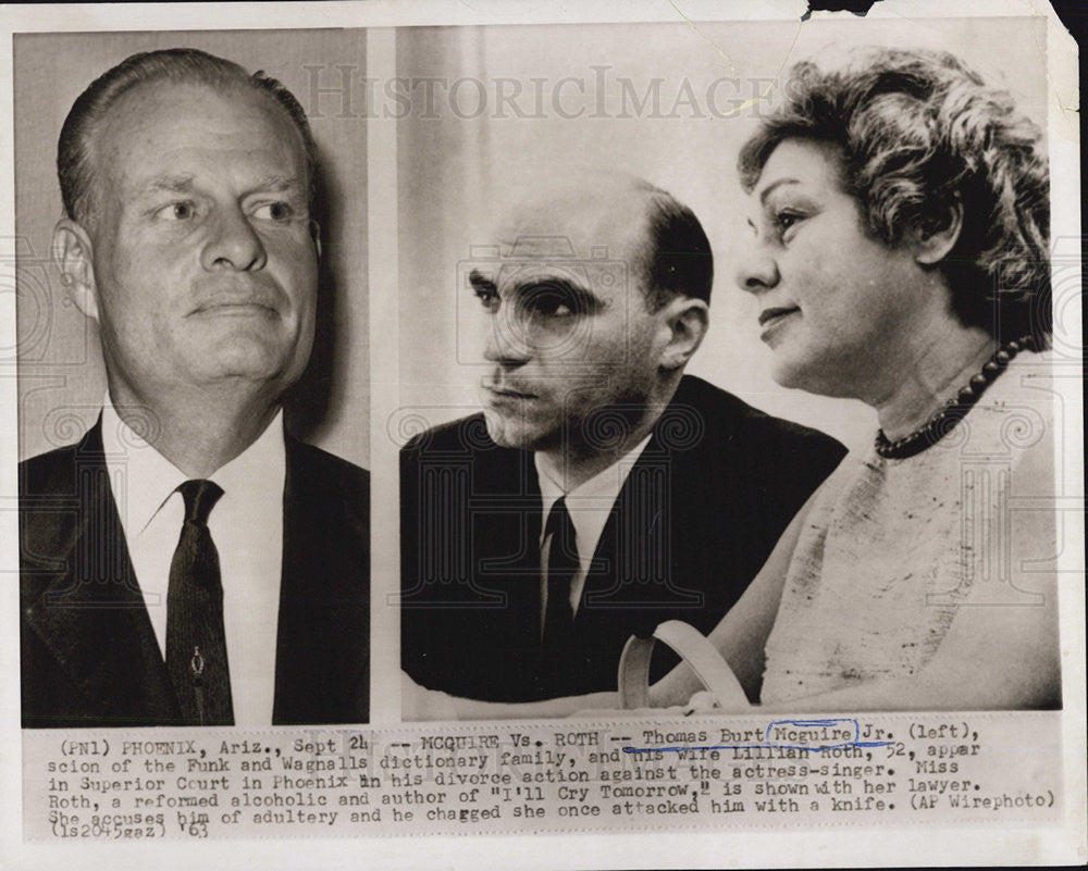 1963 Press Photo Thomas Burt McGuire Wife Lillian Roth Divorce Action Authors - Historic Images