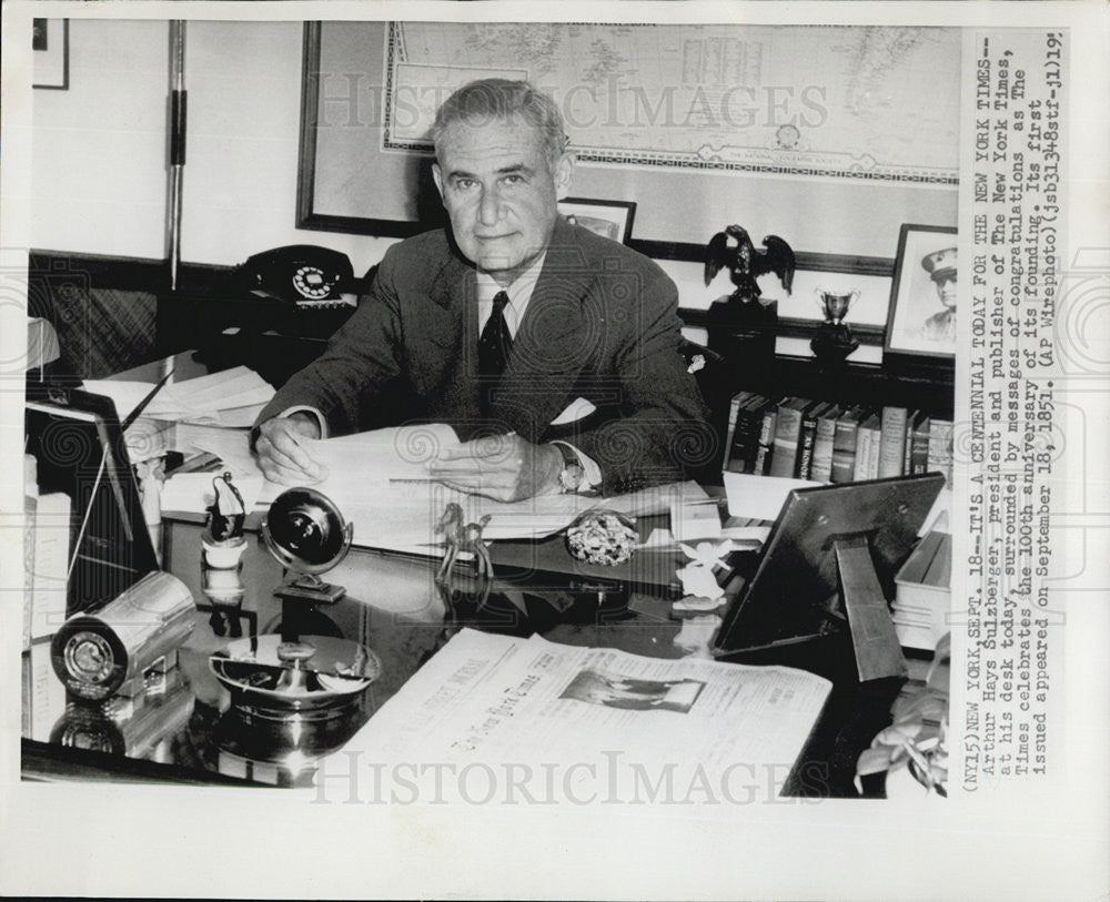 1951 Press Photo Arthur Hays Sulzberger Pres And Publisher Of NY Times On 100th - Historic Images