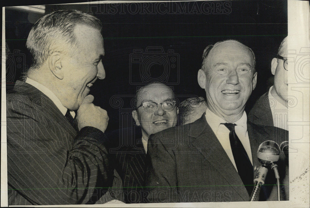 1961 Press Photo  Gov.Adlai Stevenson laughs with Chester Bowles Sec. of State. - Historic Images