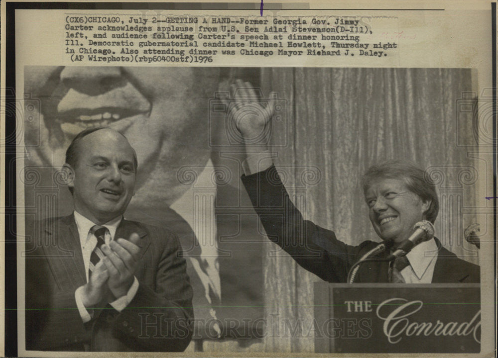 1976 Press Photo Jimmy Carter And Adlai Stevenson In Chicago After IL Honor Dnnr - Historic Images