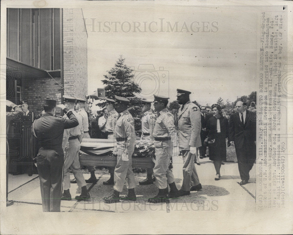 1965 Press Photo US Flag On Casket OF Ambass Adlai Stevenson In Bloomington IL - Historic Images