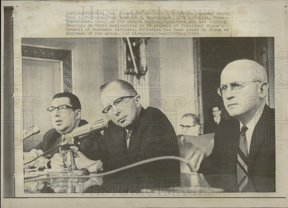 1969 Press Photo P. McCracken, H. Houthakker, H. Stein, Senate Banking Committee - Historic Images