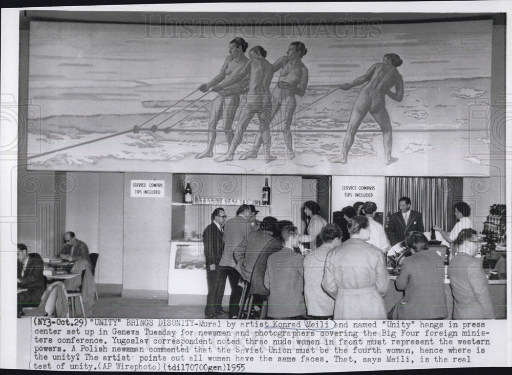 1955 Press Photo Unity Painting Hangs in Press Center in Geneva. - Historic Images