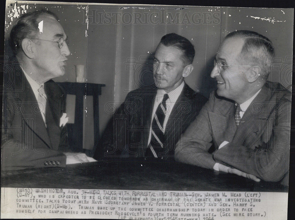 1944 Press Photo Sen. James M. Mead, James V. Forrestal and Sen. Harry S. Truman - Historic Images