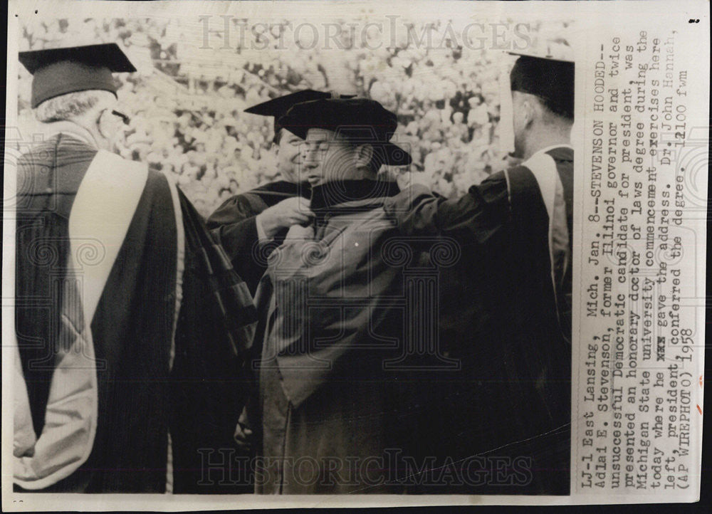 1958 Press Photo Adlai Stevenson hooded as honorary doctor at Michigan State - Historic Images