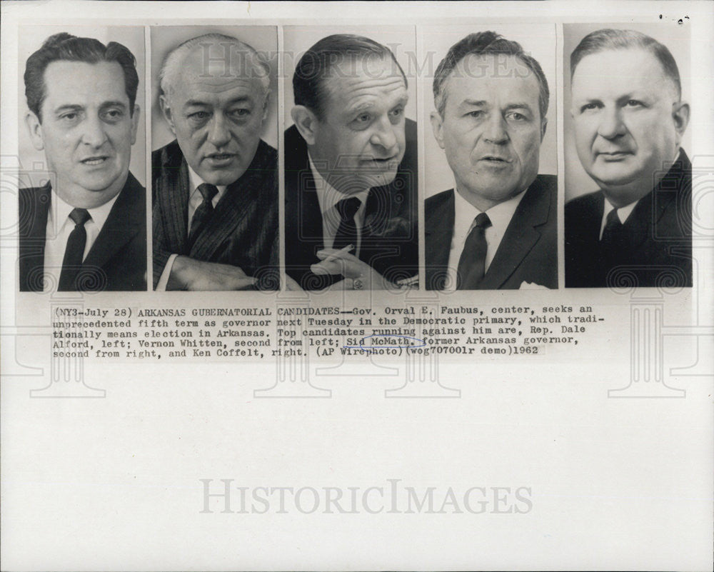 1962 Press Photo Gov Orval Faubus Rep Dale Alford Vernon Whitten  Sid McNath Ken Coffelt - Historic Images