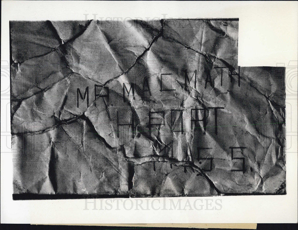 1953 Press Photo Copy of Envelope Found where Child was kidnapped Margaret McMat - Historic Images