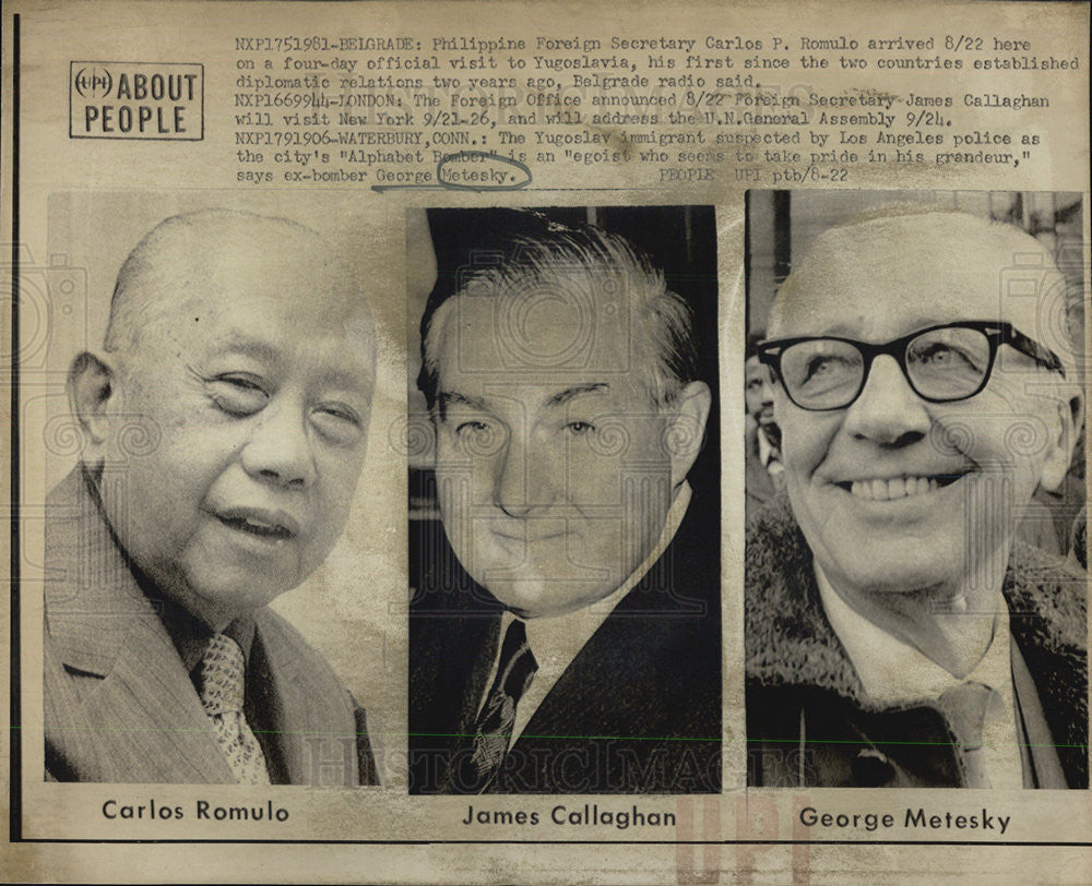 Press Photo Carlos P. Romulo/Philippines/James Callaghan/George Metesky/Bomber - Historic Images