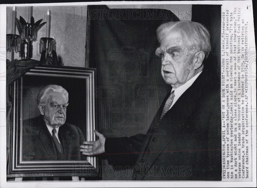 1963 Press Photo Former Union Leader John L Lewis poses with portrait of himself - Historic Images