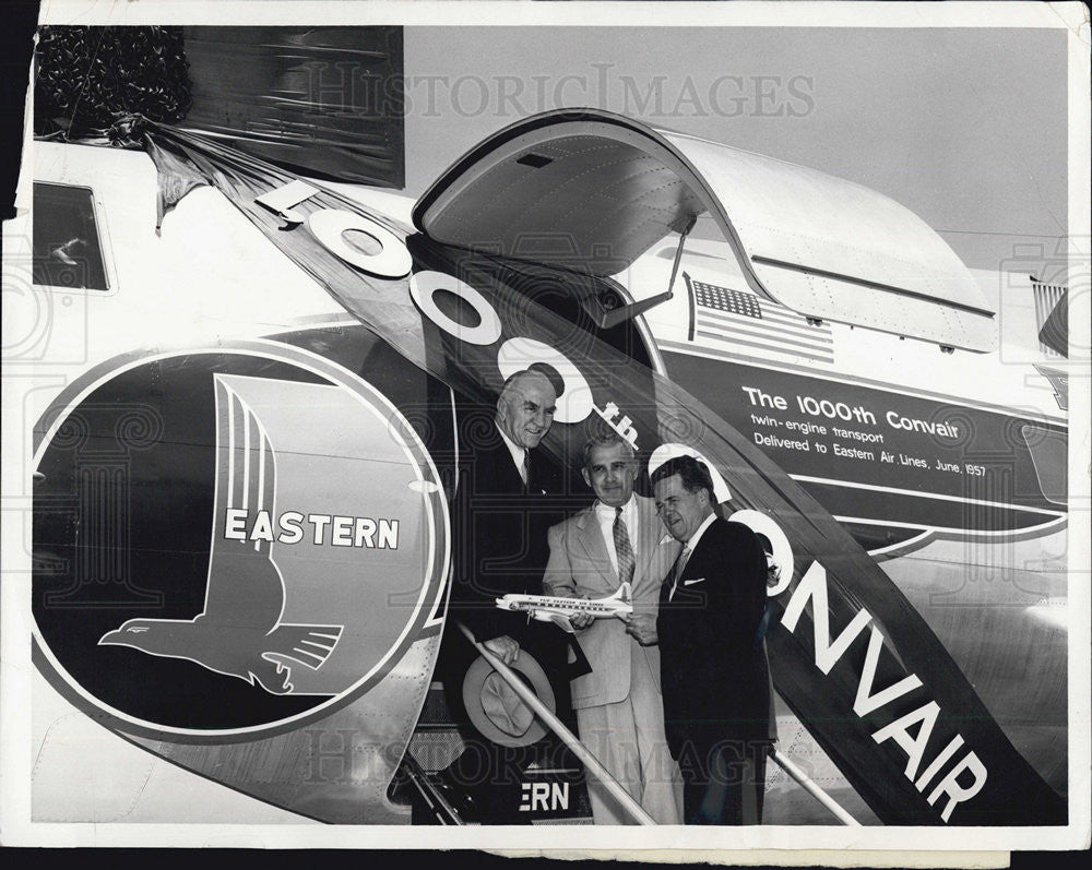 1957 Press Photo Eddie Rickenbacker received a replica of Convair. - Historic Images