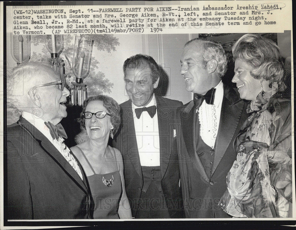 1974 Press Photo Senator George Aiken, Senator Glenn Beall, Areshir Zahedi - Historic Images