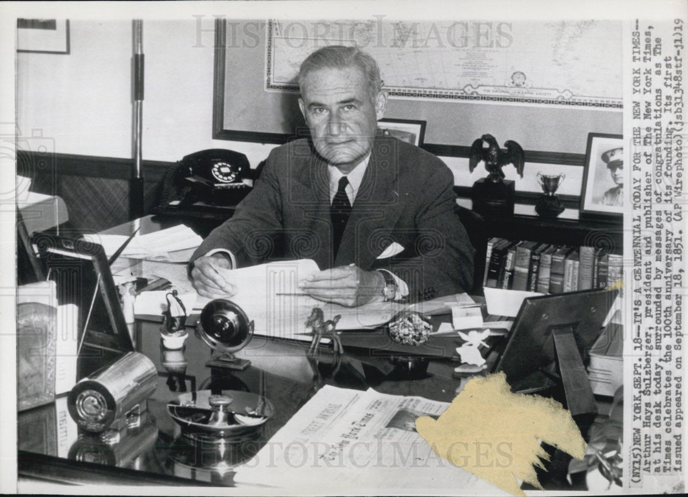 1951 Press Photo Arthur Hays Schulzberger president of the new york times - Historic Images